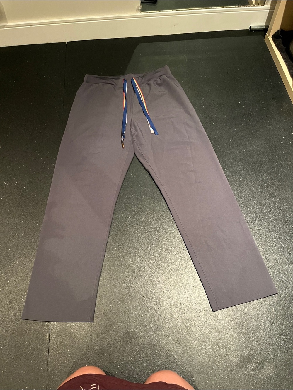 Figs Women’s Pants in Gray with Blue & Rainbow Drawstring